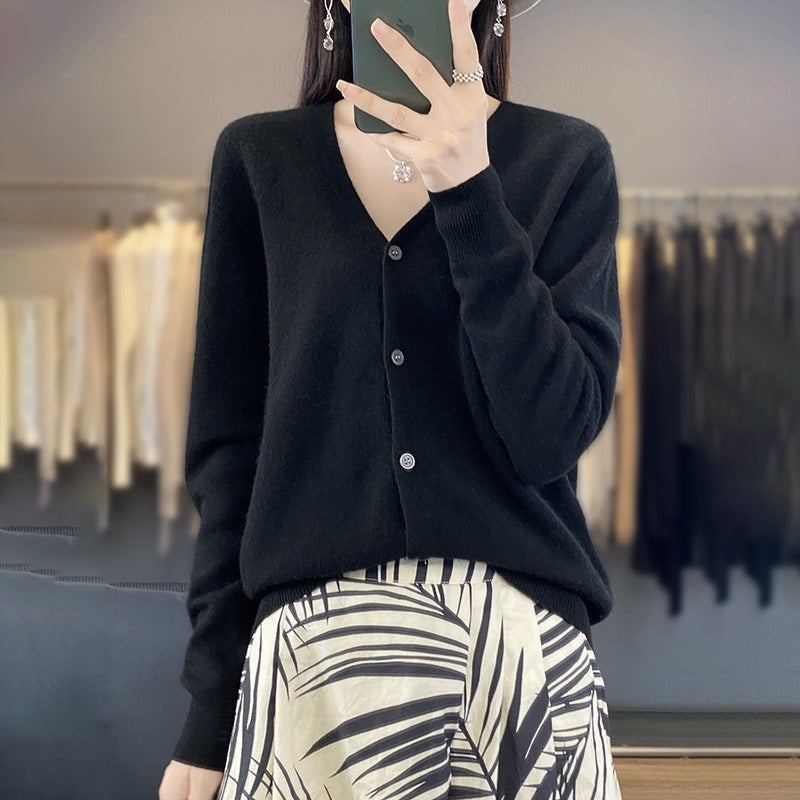 Damecardigan – Uldstrik – Afslappet pasform – V-hals – Lange ærmer – Knaplukning