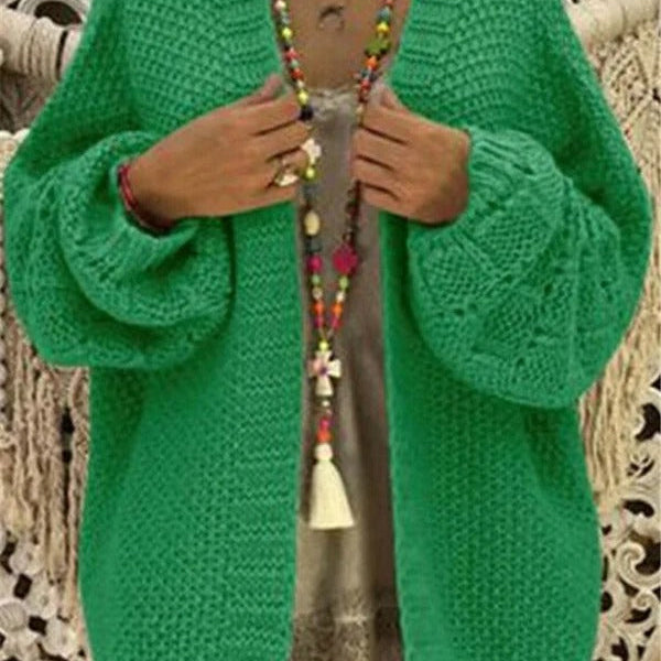 Damecardigan – Grovstrik – Oversized pasform – Åbning foran – Vide ærmer