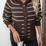 Damecardigan med hætte – Ribstrik – Afslappet pasform – Stribet – Knaplukning