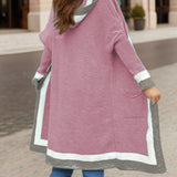 Lang cardigan til kvinder – Oversized pasform – Hætte – Blød strik – Åben front med lommer