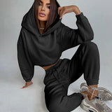 Dame loungewear-sæt – afslappet pasform – cropped hættetrøje – bukser med snøre i taljen