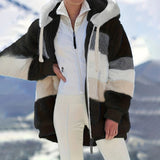 Dame fleecejakke – Oversized pasform – Hætte med lynlås – Stribet mønster – Ribbet kant