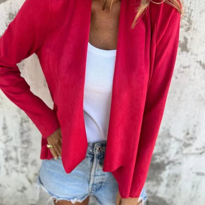 Damecardigan – Afslappet pasform – Ruskindslook – Lange ærmer – Åben front