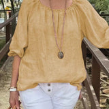 Dametop – Løs pasform – Hør og bomuld – Trekvartlange ærmer – Rund hals med rynket halsudskæring