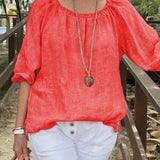 Dametop – Løs pasform – Hør og bomuld – Trekvartlange ærmer – Rund hals med rynket halsudskæring