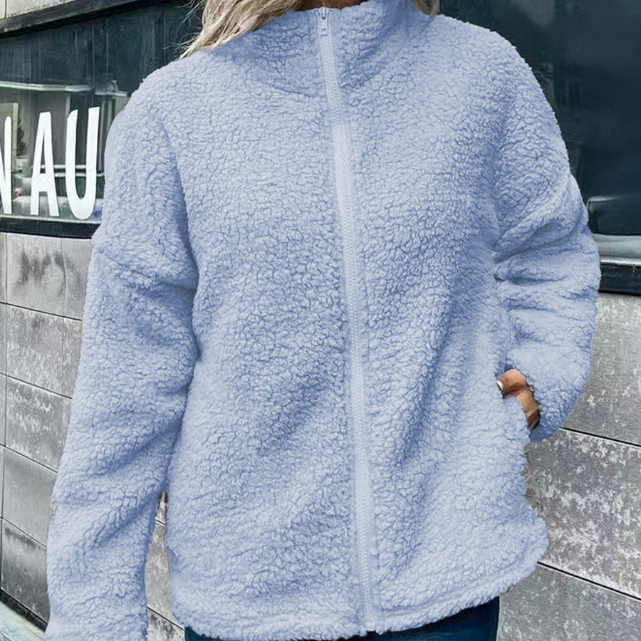 Oversized damefrakke – Blød fleece – Høj krave – Lynlåslukning