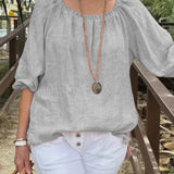 Dametop – Løs pasform – Hør og bomuld – Trekvartlange ærmer – Rund hals med rynket halsudskæring