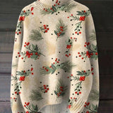 Dametrøje med rullekrave – Uldstrik – Afslappet pasform – Festligt botanisk print