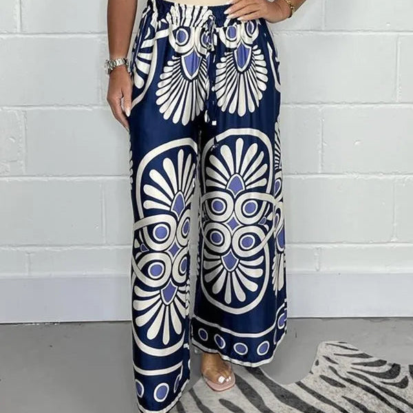 Dame Palazzobukser - Højtaljede - Brede og flagrende - Elegant Print - Justerbar snøre