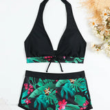 Todelt sæt med åben ryg og knudret bladprint