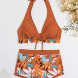 Todelt sæt med åben ryg og knudret bladprint