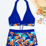 Todelt sæt med åben ryg og knudret bladprint