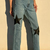 Star Patchwork Læder Jeans Med Lige Ben