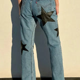 Star Patchwork Læder Jeans Med Lige Ben