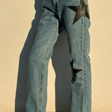 Star Patchwork Læder Jeans Med Lige Ben