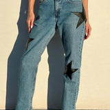 Star Patchwork Læder Jeans Med Lige Ben