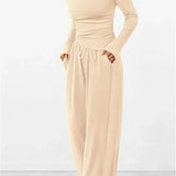 Dame loungesæt – Langærmet top med rund hals – Bukser med brede ben og elastisk talje