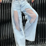 Lavtaljede jeans med revnede mesh-paneler og vide ben