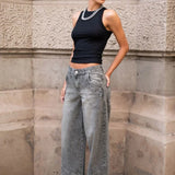 Lige jeans med lav talje og rhinsten