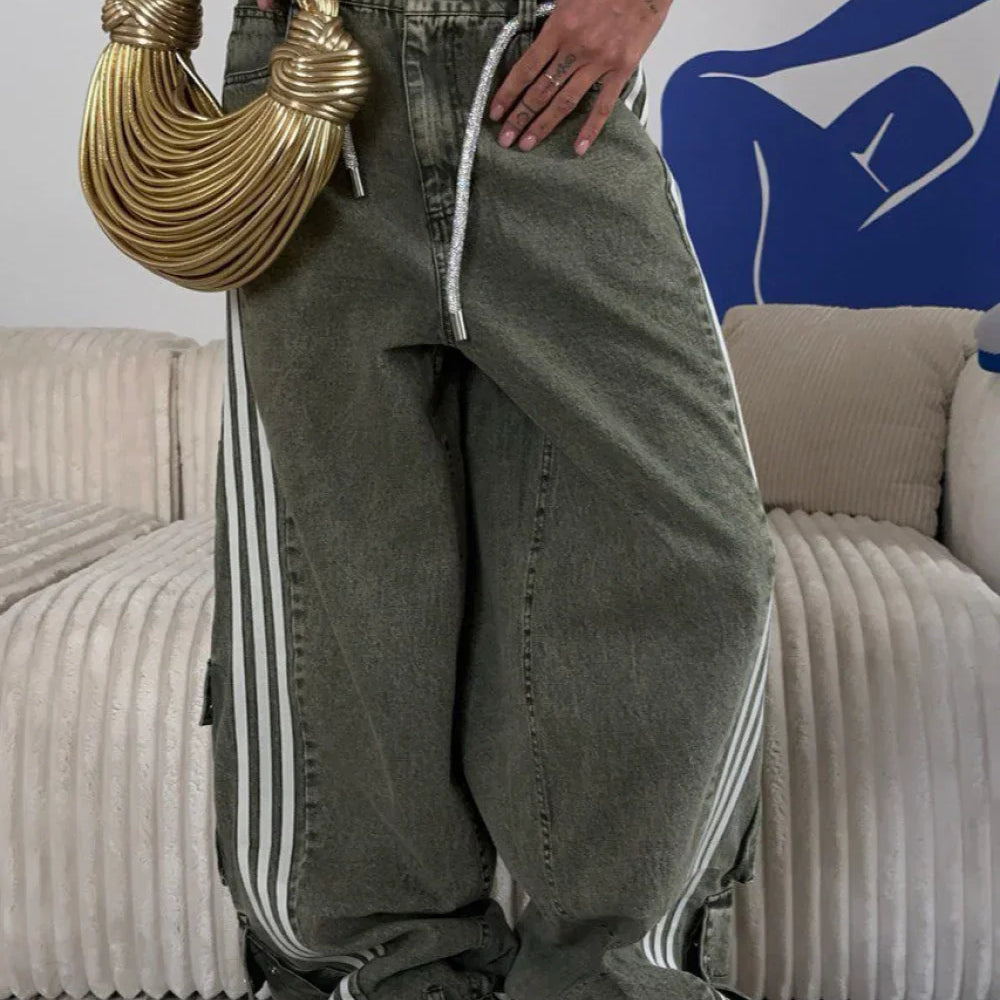 Stribede jeans med lav talje og brede ben