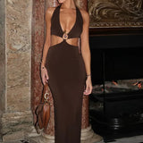 Afslappet metallisk maxikjole med V-hals, resortstil