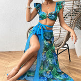 Asymmetrisk pareo-sæt med flæser i to dele