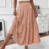 Lang damenederdel - Elastik i taljen - Flæsemønster - Blomsterprint