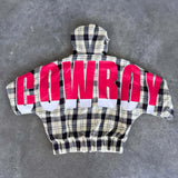 Oversized hættetrøje med lynlås og ternet regnbueprint