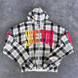 Oversized hættetrøje med lynlås og ternet regnbueprint