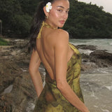 Printet minikjole med åben ryg og tynde stropper