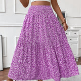 Lang damenederdel - Elastik i taljen - Flæsemønster - Blomsterprint