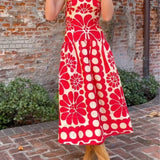 Charmerende rød ærmeløs rygløs midikjole