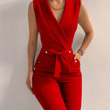 Damejumpsuit – Ærmeløs – Slå-om-udskæring – Bælte i taljen – Vide ben