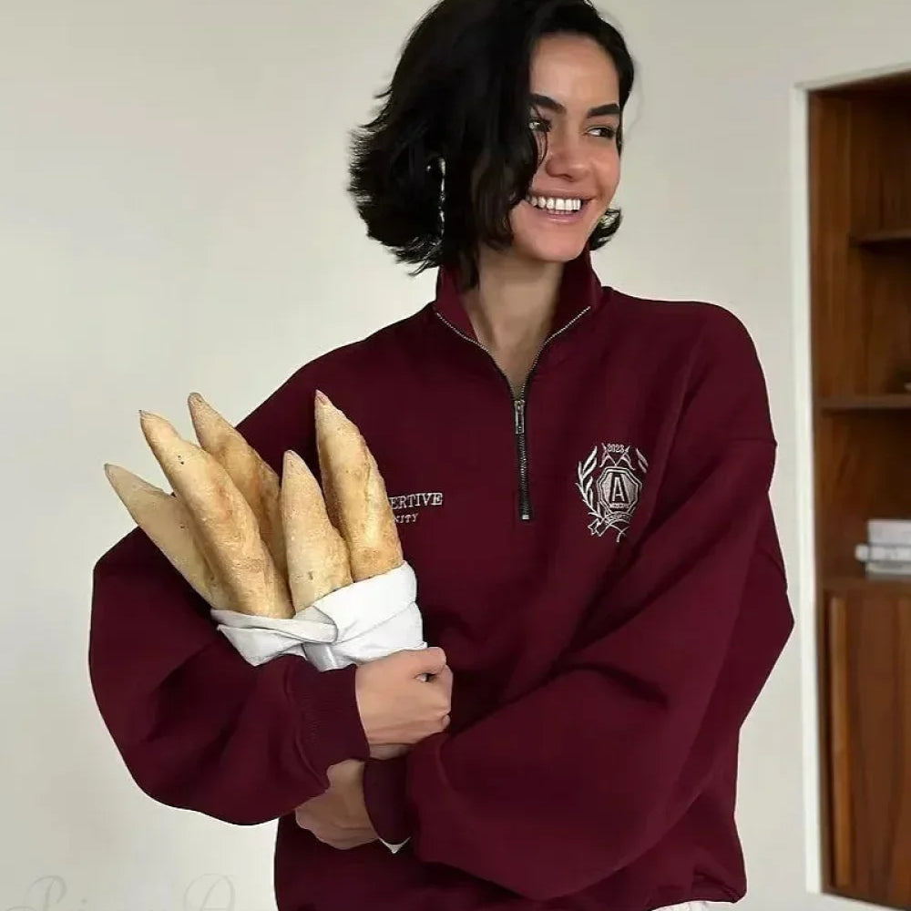 Konvertibel sweatshirt med halv lynlås, fleecefor og opretstående krave, afslappet