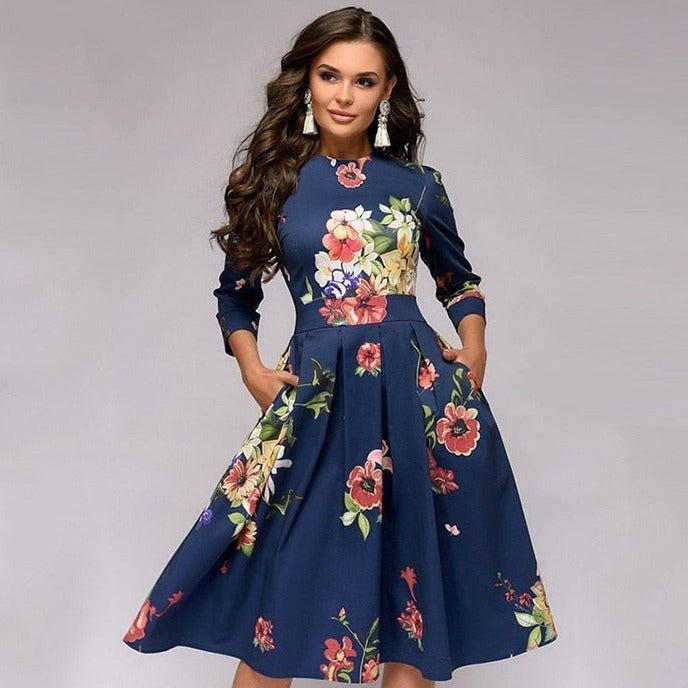 Damekjole - A-linjeformet - 3/4 ærmer - Rund hals - Elegant blomstermønster