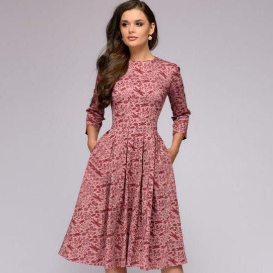 Damekjole - A-linjeformet - 3/4 ærmer - Rund hals - Elegant blomstermønster