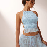 Dametøj: plisseret top uden ryg – crop top med halterneck + lang, svajskørt