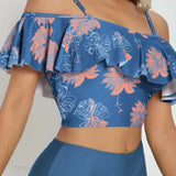 Todelt sæt med blomsterprint, åben ryg og flæsestropper.