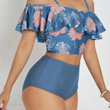 Todelt sæt med blomsterprint, åben ryg og flæsestropper.