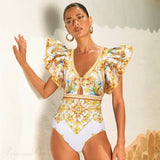 Majolica shortssæt med to dele, V-hals og flæser