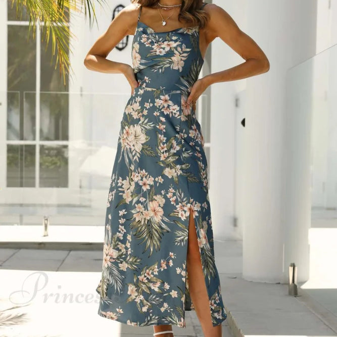 Slipkjole i satin med blomsterprint og slids, krave og slids