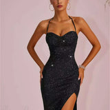 Bodycon maxi aftenkjole med dyb halsudskæring og åben ryg med slids