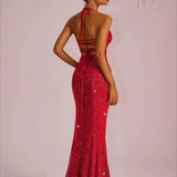 Bodycon maxi aftenkjole med dyb halsudskæring og åben ryg med slids