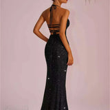 Bodycon maxi aftenkjole med dyb halsudskæring og åben ryg med slids