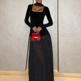 Prikket trapez maxikjole med firkantet halsudskæring