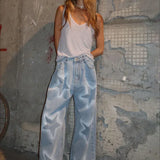 Jeans med stjerneprint, løs og lige pasform, justerbar talje