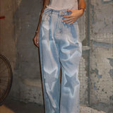 Jeans med stjerneprint, løs og lige pasform, justerbar talje