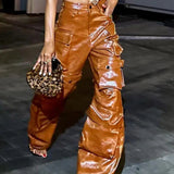 Sommer cargobukser med vide ben i PU-kunstlæder