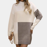 Damesweaterkjole - Strik - Løs pasform - Høj hals - Patchwork-design