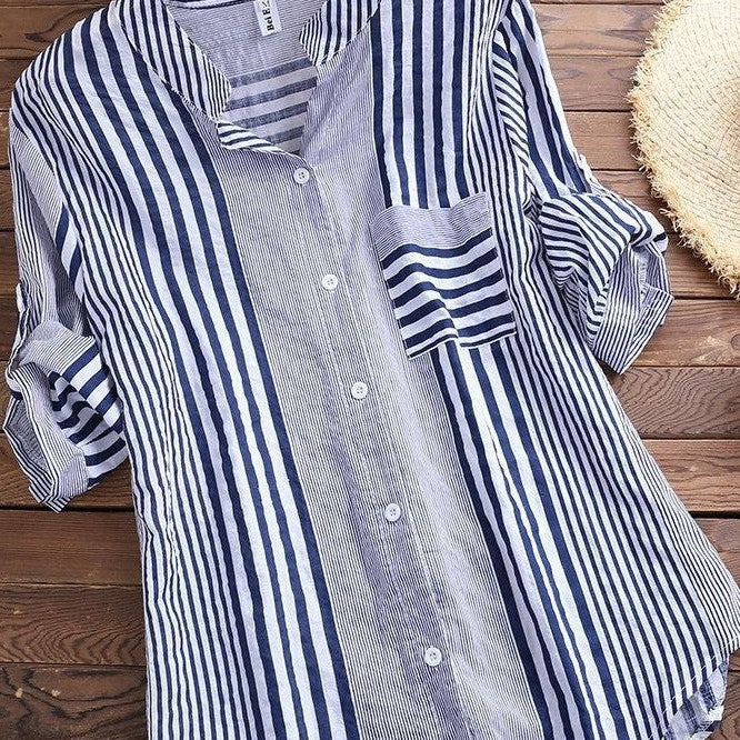 Damebluse – Afslappet pasform – Stribet – Høj hals – 3/4 ærmer – Åndbart stof